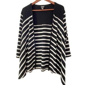 Chico's Travelers Black White Striped Stretch Knit Open Front Cardigan Sz 0 S/4